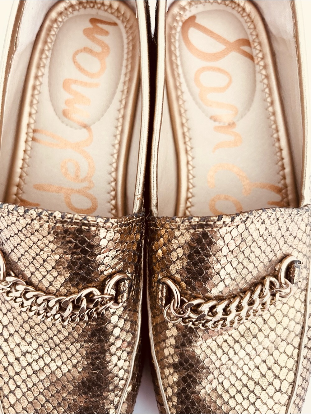 SAM EDELMAN RARE METALLIC GOLD FAUX SNAKESKIN LOAFERS
